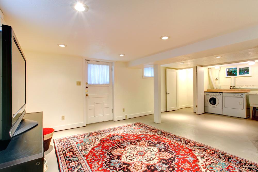 basement with white walls. red carpet, washer & dryer, and TV