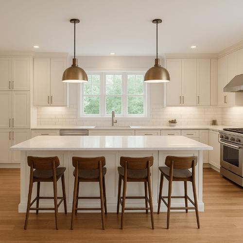 newly renovated kitchen with white countertops and wooden stools