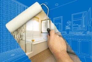 image of a bathroom remodel with blue prints and a paint brush