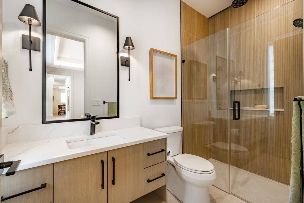 white and brown bathroom
