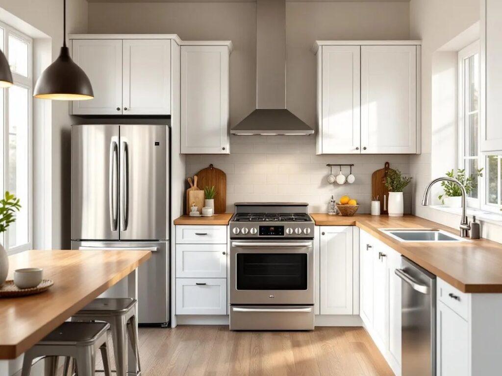 modern kitchen with white cabinets and hardwood flooring
