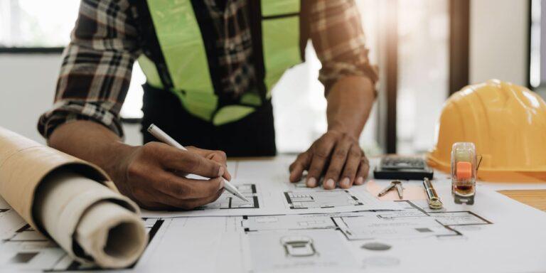 Close up of general contractor writing construction plans
